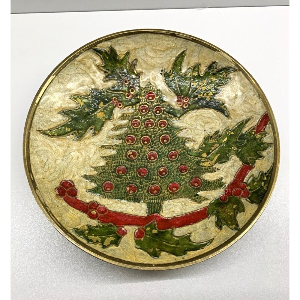 Brass Holiday Decorative Plate with Holly & Ribbon Design, Made in India